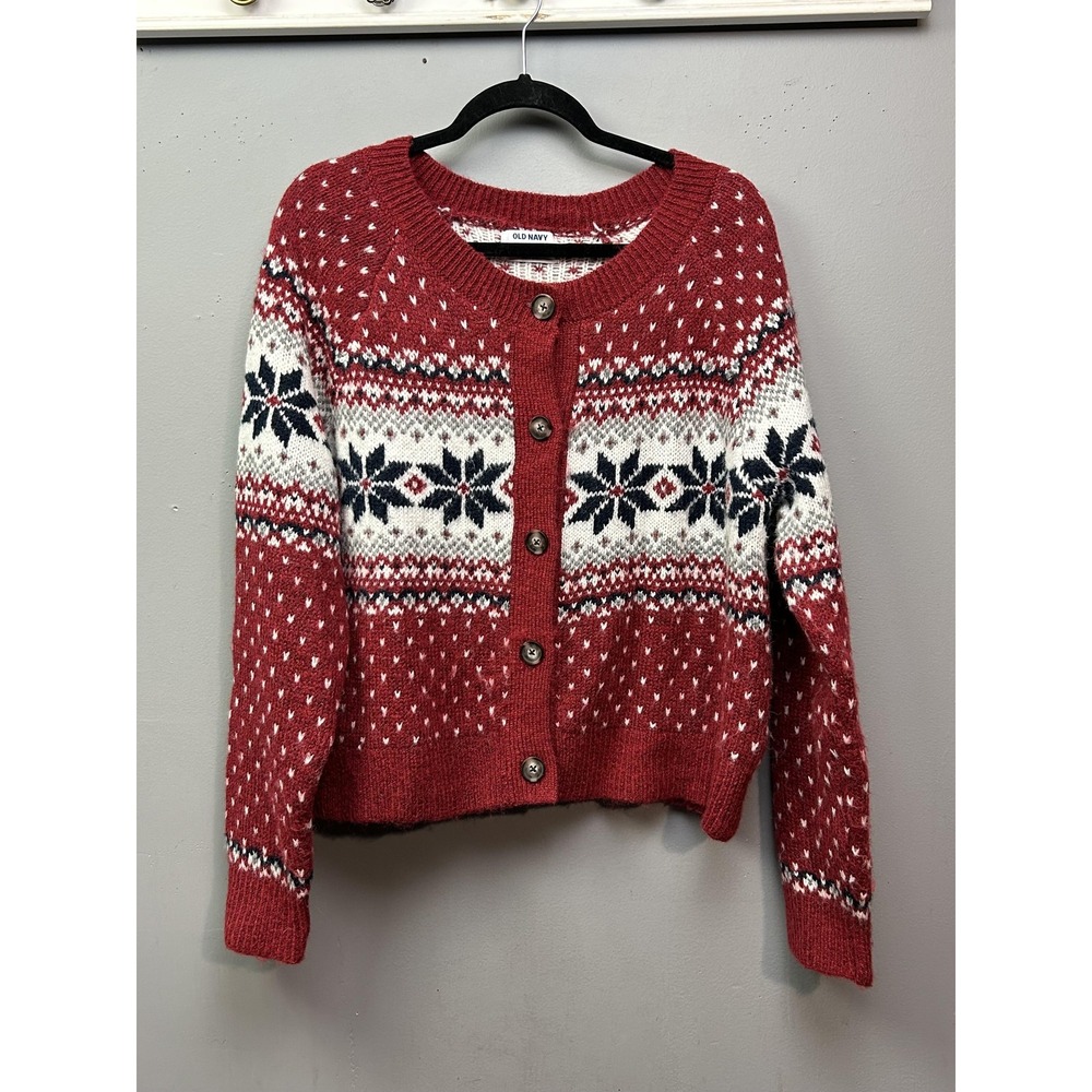 Old Navy Red White Navy Fair Isle Button Cardigan
